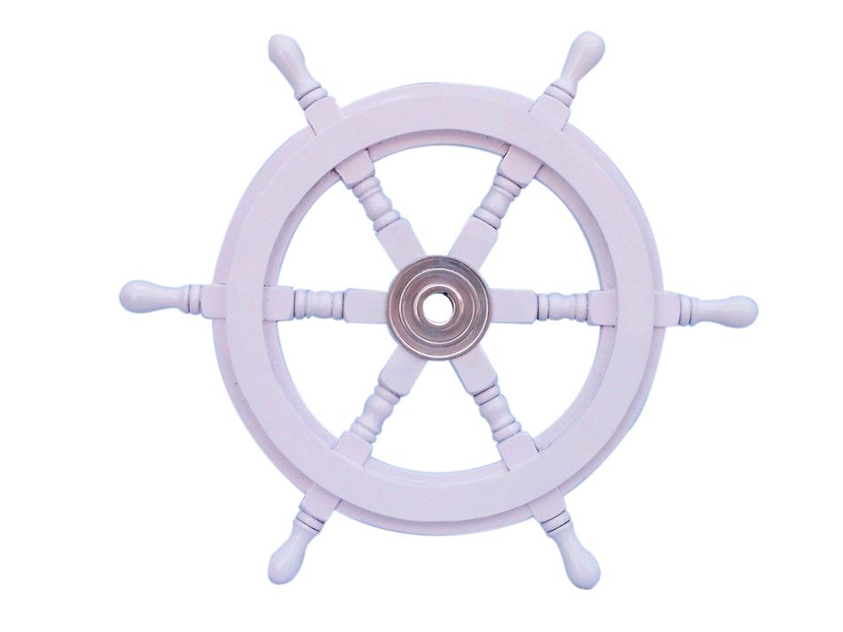 Deluxe Class White Wood and Chrome Ship Decorative Steering Wheel 18"