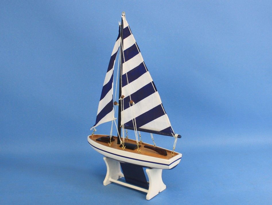 Wooden Decorative Sailboat Model with Blue Stripes 12"