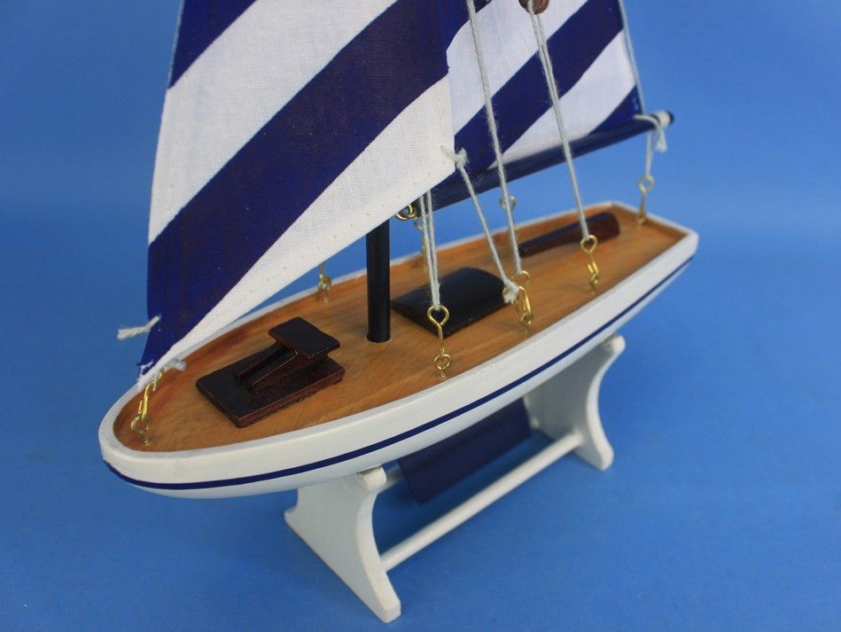 Wooden Decorative Sailboat Model with Blue Stripes 12"