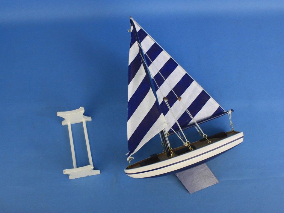 Wooden Decorative Sailboat Model with Blue Stripes 12"