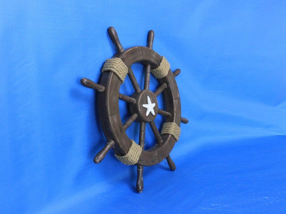 Rustic Wood Finish Decorative Ship Wheel with Starfish 18"