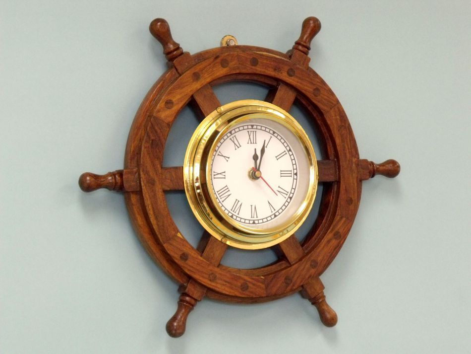 Deluxe Class Wood And Brass Ship Wheel Clock 12"