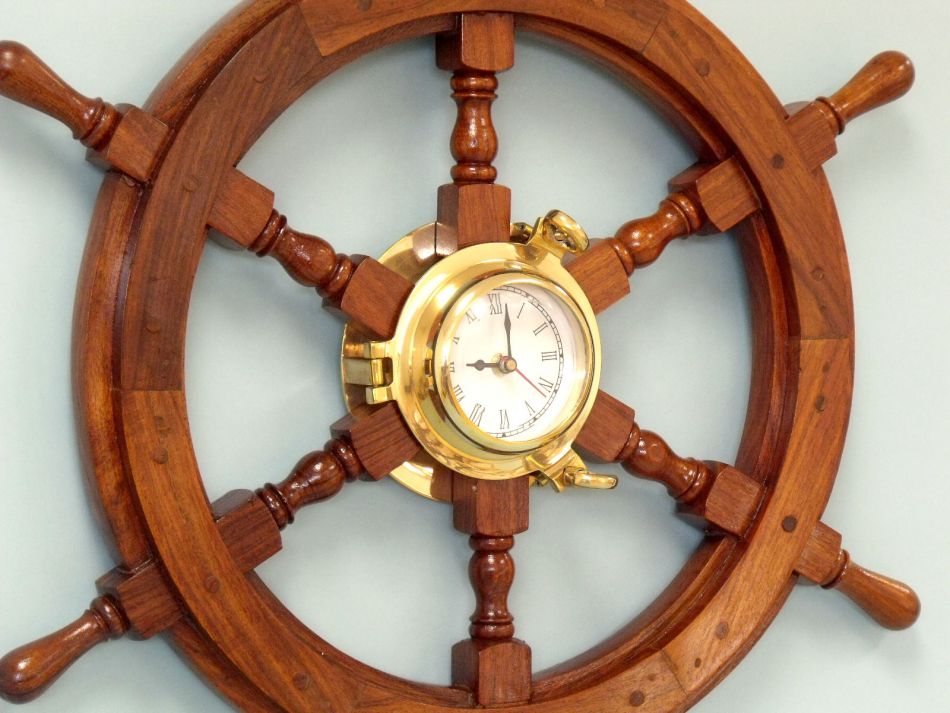 Deluxe Class Wood And Brass Ship Wheel Clock 24"