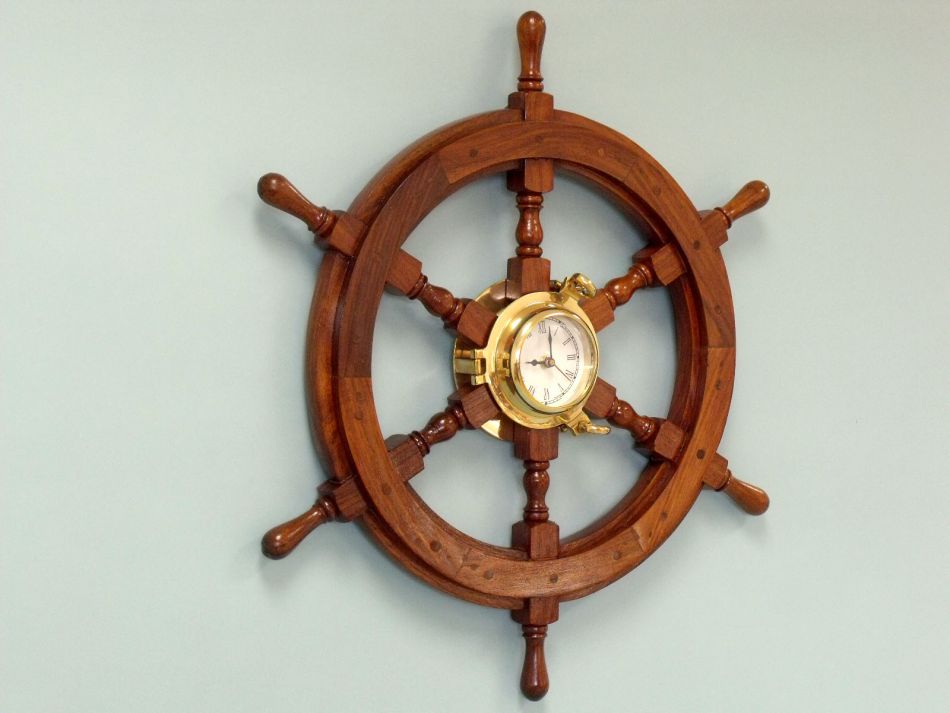 Deluxe Class Wood And Brass Ship Wheel Clock 24"