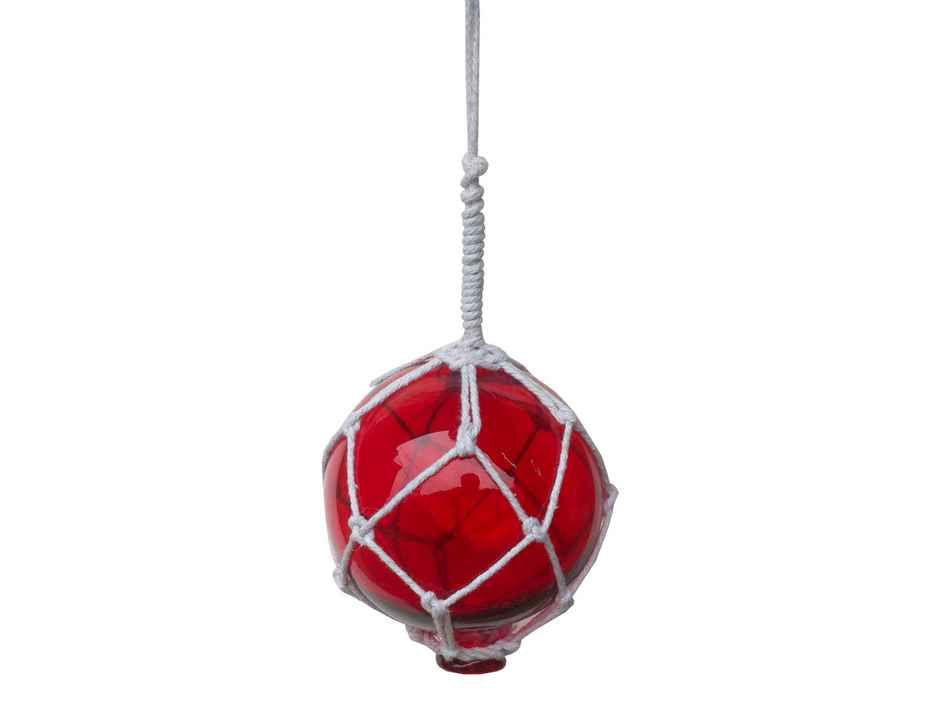 Red Japanese Glass Ball Fishing Float With White Netting Decoration 4"