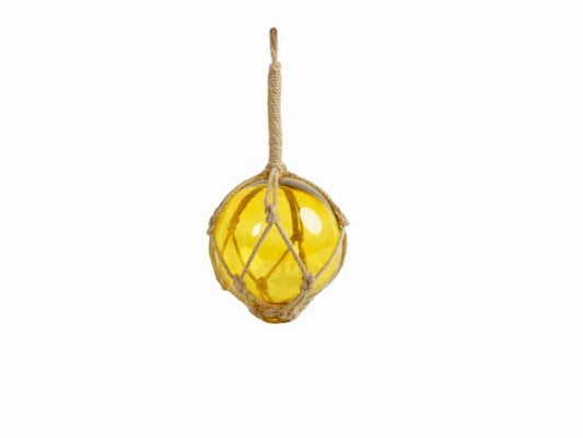 Yellow Japanese Glass Ball Fishing Float With Brown Netting Decoration 6"