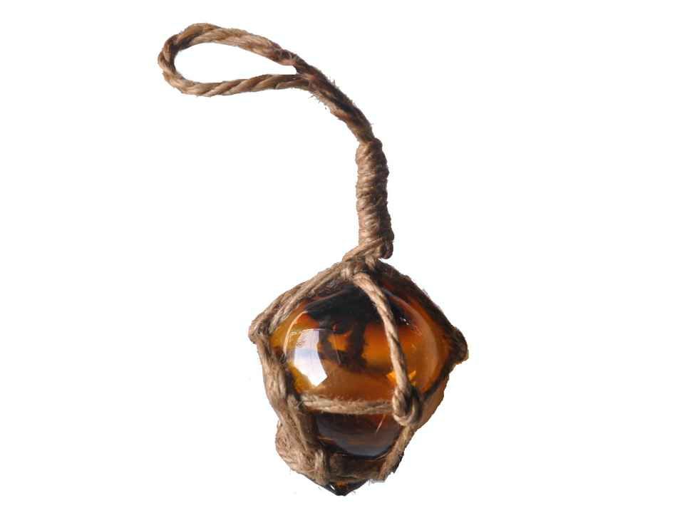 Amber Japanese Glass Ball Fishing Float with Brown Netting Decoration 2"