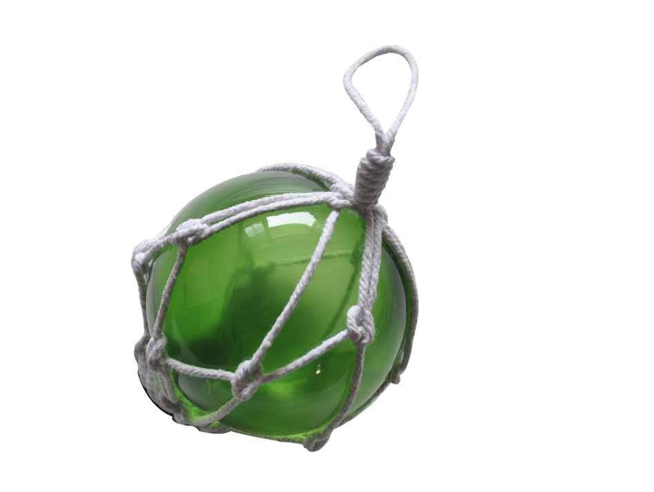 Green Japanese Glass Ball Fishing Float With White Netting Decoration 3"