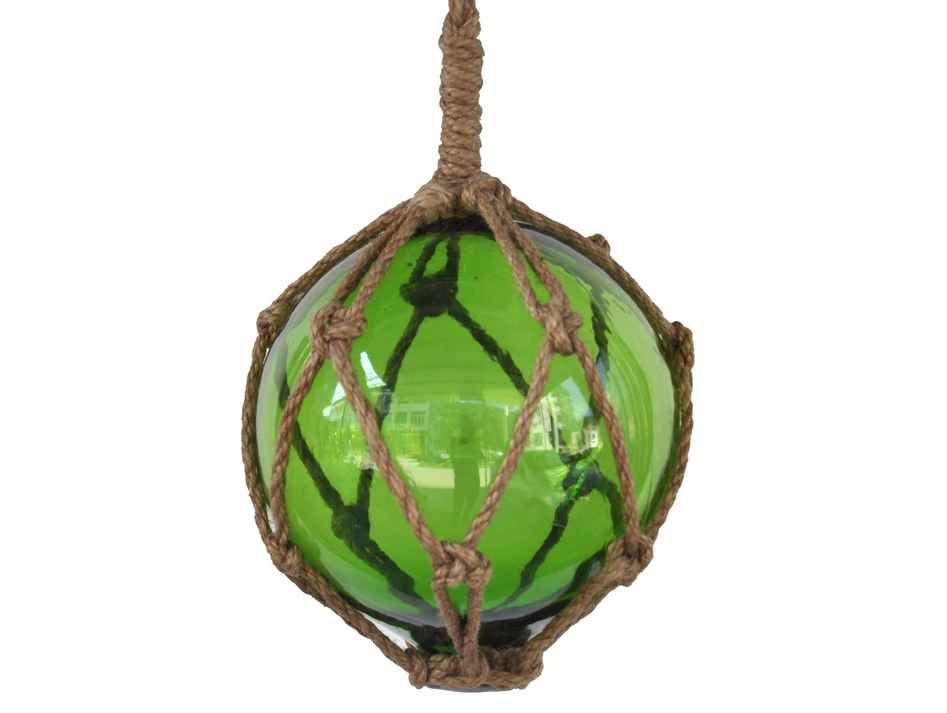 Green Japanese Glass Ball Fishing Float With Brown Netting Decoration 6"