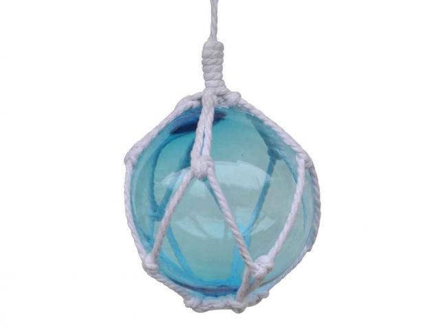 Light Blue Japanese Glass Ball Fishing Float With White Netting Decoration 6"