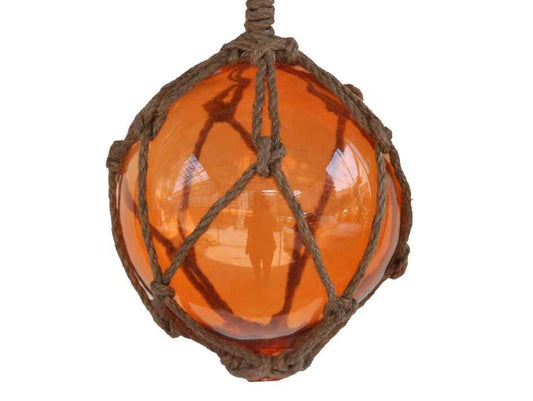 Orange Japanese Glass Ball Fishing Float With Brown Netting Decoration 6"