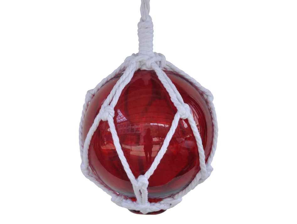Red Japanese Glass Ball Fishing Float With White Netting Decoration 6"