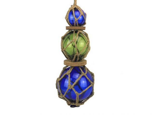 Blue - Green - Blue Japanese Glass Ball Fishing Floats with Brown Netting Decoration 11"