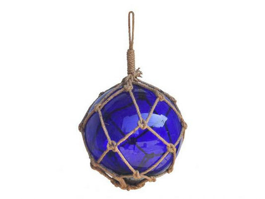 Blue Japanese Glass Ball Fishing Float With Brown Netting Decoration 12"
