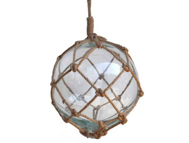 Clear Japanese Glass Ball Fishing Float With Brown Netting Decoration 12"
