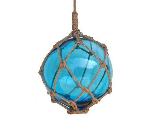 Light Blue Japanese Glass Ball Fishing Float With Brown Netting Decoration 12"