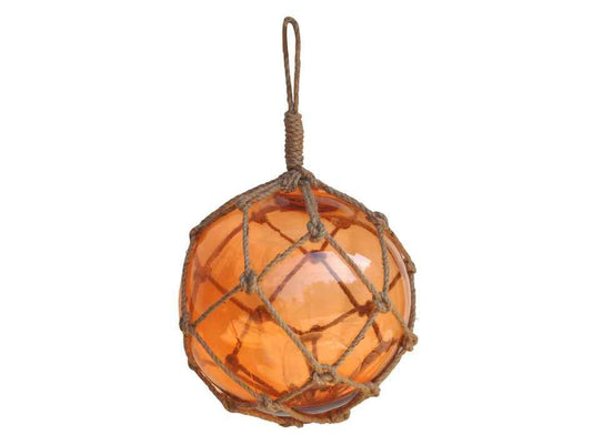Orange Japanese Glass Ball Fishing Float With Brown Netting Decoration 12"