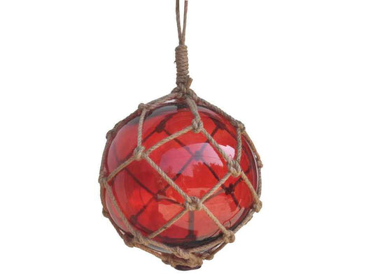 Red Japanese Glass Ball Fishing Float With Brown Netting Decoration 12"
