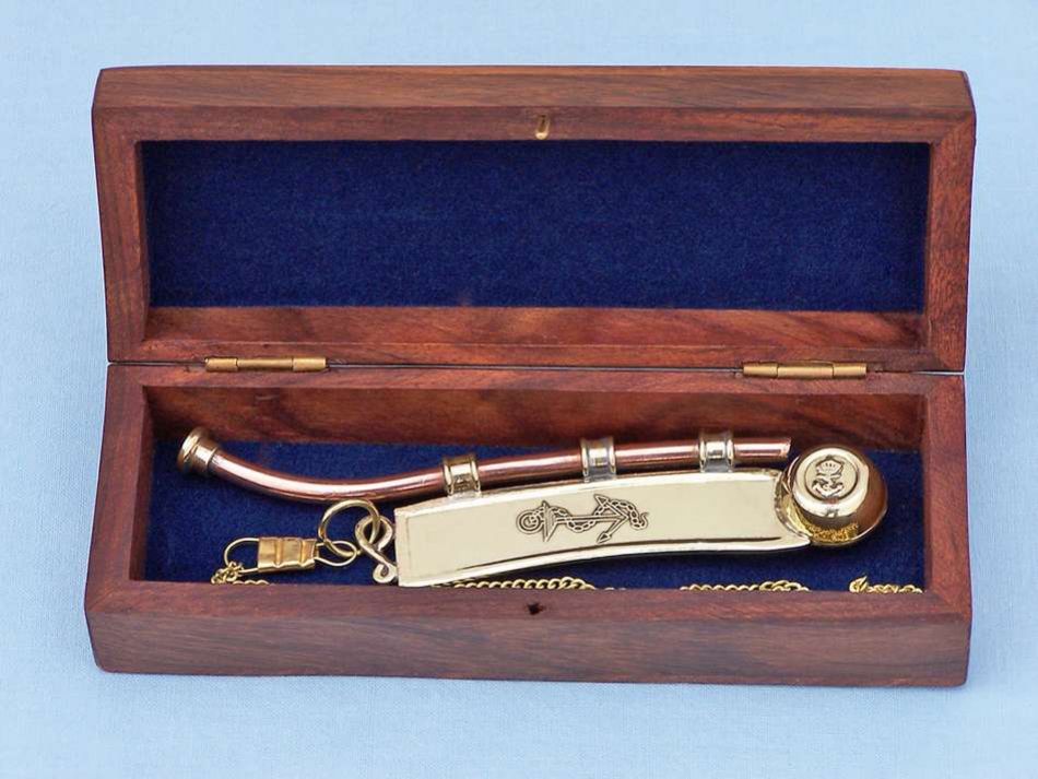 Solid Brass/Copper Bosun Whistle 5" w/ Rosewood Box