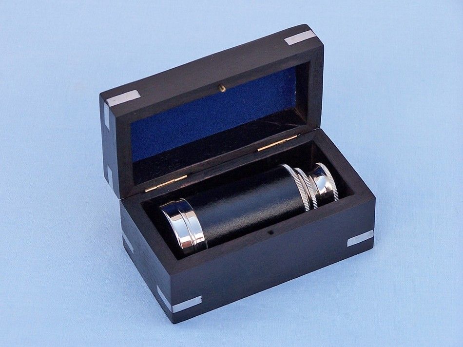 Deluxe Class Scout's Chrome - Leather Spyglass Telescope 7" with Black Rosewood Box