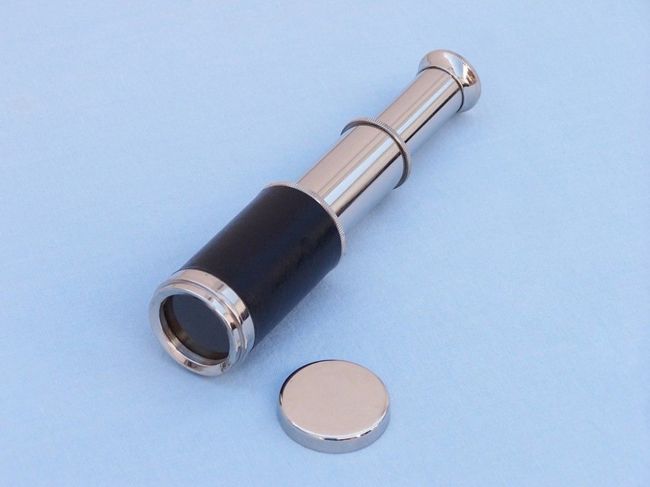 Deluxe Class Scout's Chrome - Leather Spyglass Telescope 7" with Black Rosewood Box