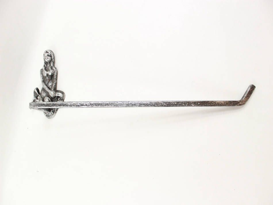 Rustic Silver Cast Iron Mermaid Wall Mounted Paper Towel Holder 17"