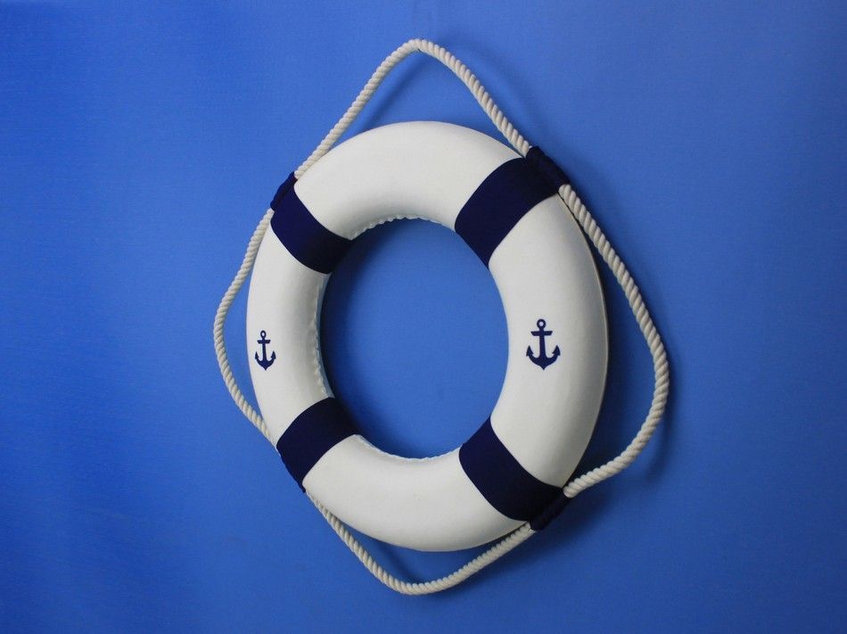 Classic White Decorative Anchor Lifering with Blue Bands 15"