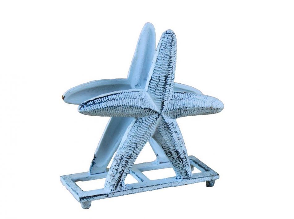 Rustic Dark Blue Whitewashed Cast Iron Starfish Napkin Holder 6"