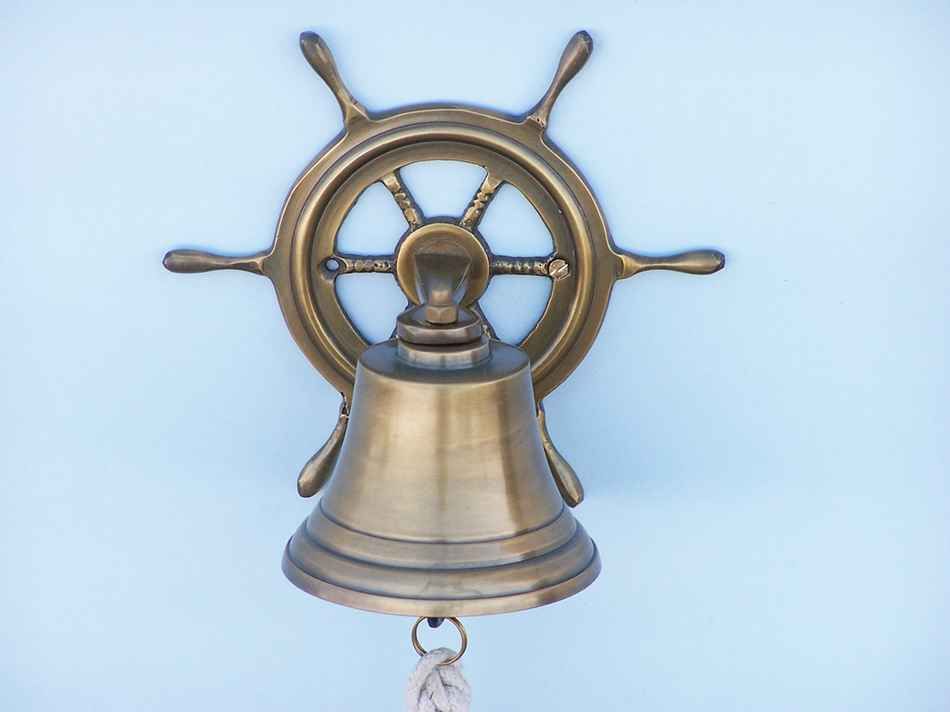 Antique Brass Hanging Ship Wheel Bell 7"