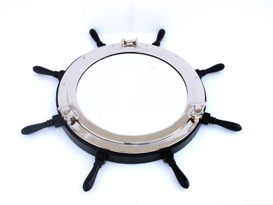 Deluxe Class Wood and Chrome Ship Wheel Porthole Mirror 36"
