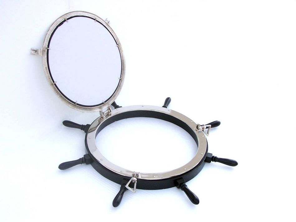 Deluxe Class Wood and Chrome Ship Wheel Porthole Mirror 36"