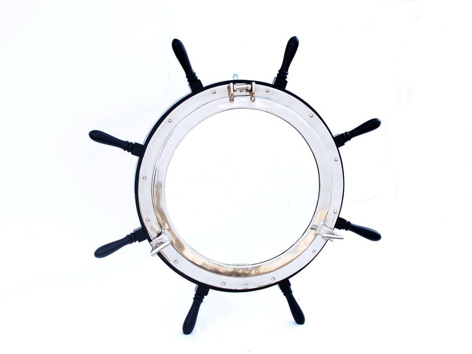Deluxe Class Wood and Chrome Ship Wheel Porthole Mirror 36"