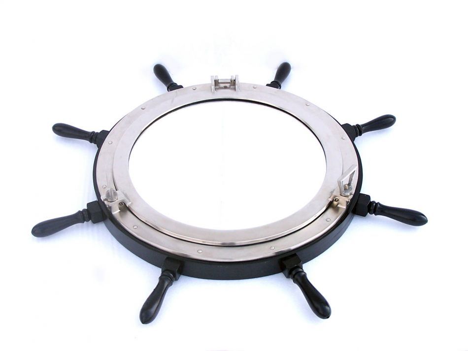 Deluxe Class Wood and Brushed Nickel Ship Wheel Porthole Mirror 36"