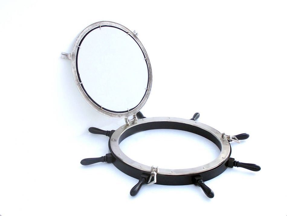 Deluxe Class Wood and Brushed Nickel Ship Wheel Porthole Mirror 36"