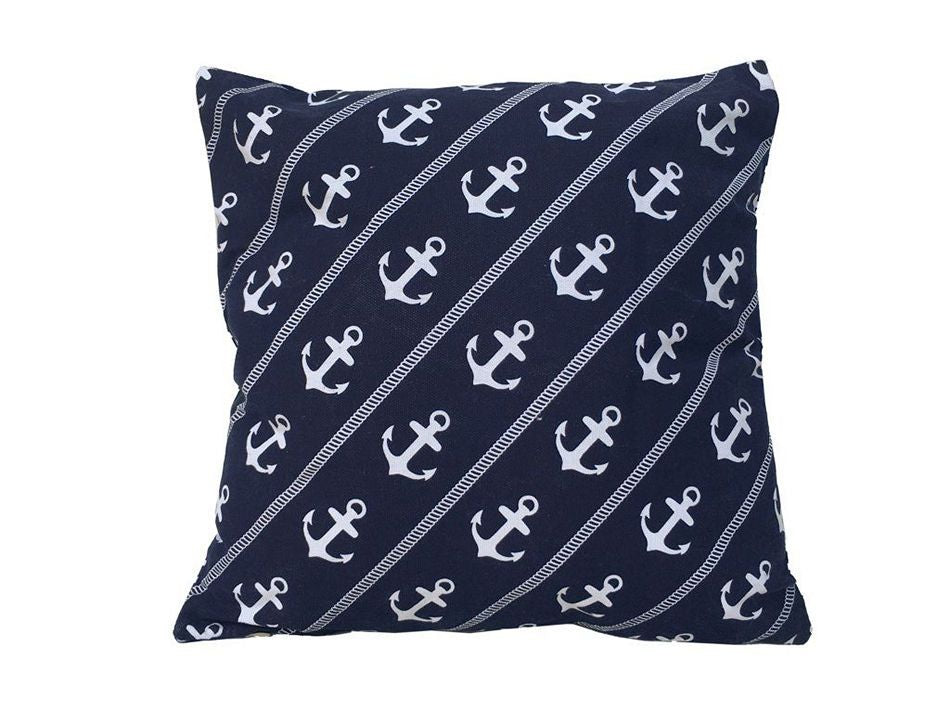 Decorative Blue Pillow with White Rope and Anchors Throw Pillow 16"