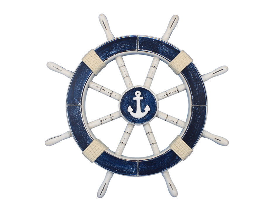 Rustic Dark Blue Decorative Ship Wheel with Anchor 18"