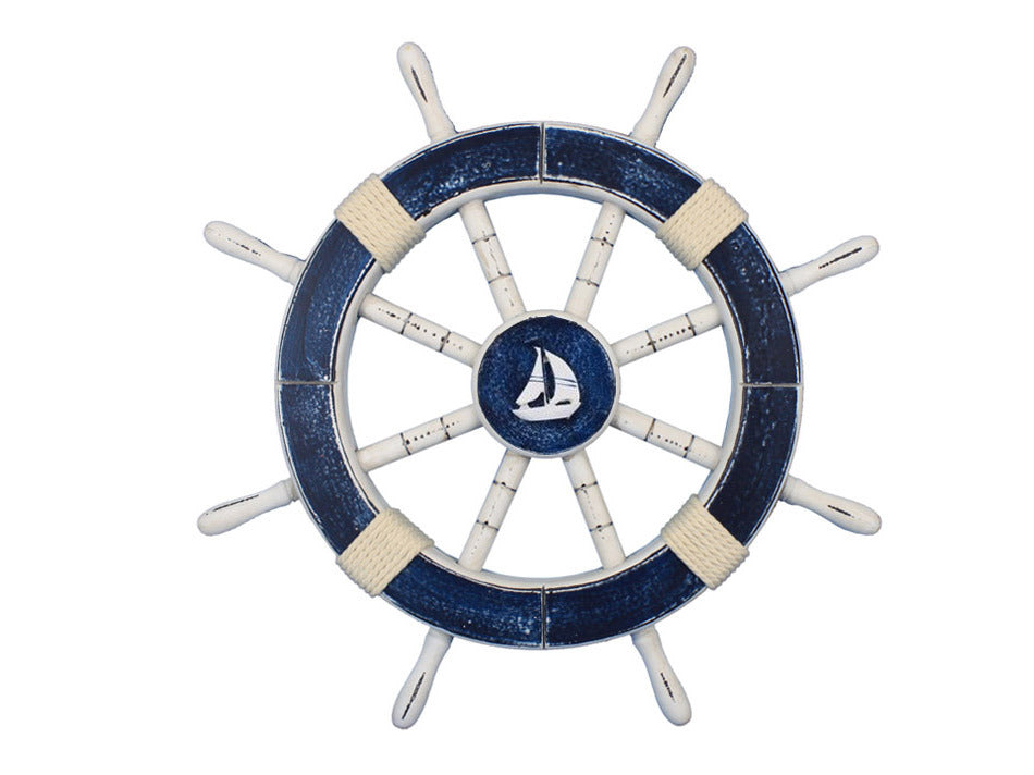 Rustic Dark Blue Decorative Ship Wheel with Sailboat 18"
