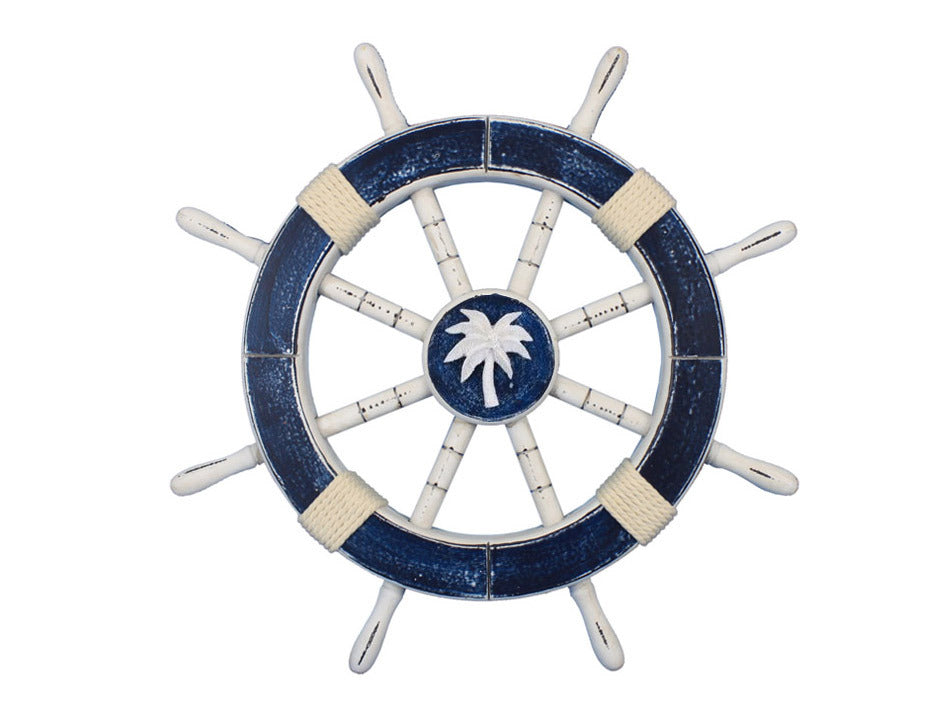 Rustic Dark Blue Decorative Ship Wheel with Palm Tree 18"