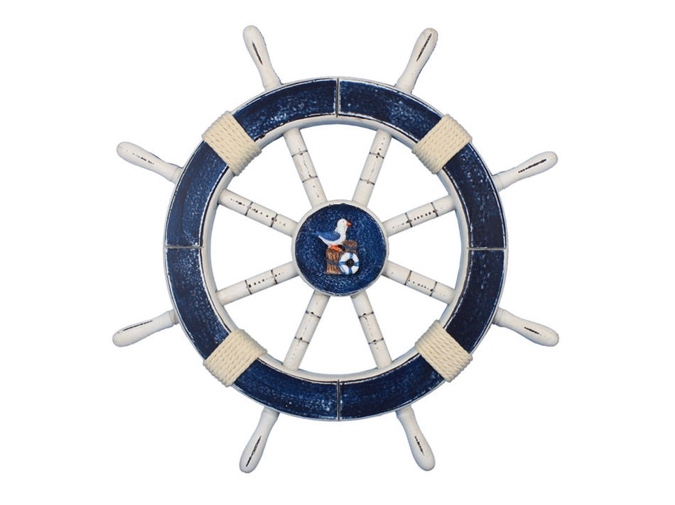 Rustic Dark Blue Decorative Ship Wheel with Seagull and Lifering 18"
