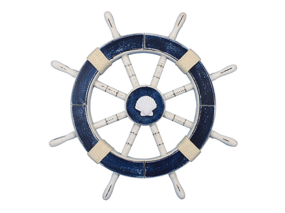 Rustic Dark Blue Decorative Ship Wheel with Seashell 18"