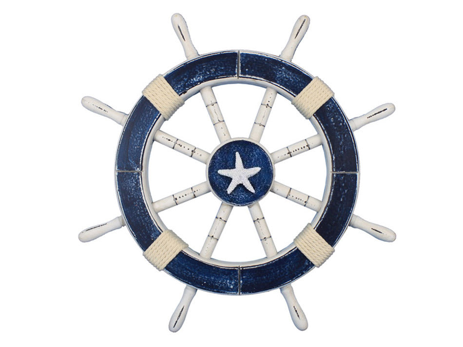 Rustic Dark Blue Decorative Ship Wheel with Starfish 18"