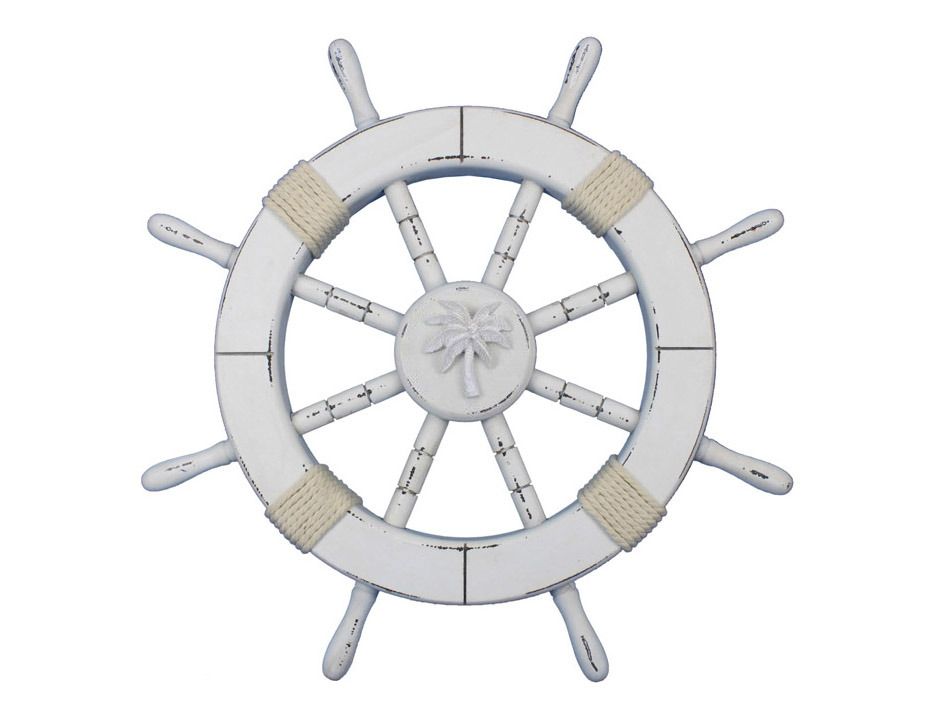 Rustic White Decorative Ship Wheel with Palm Tree 18"