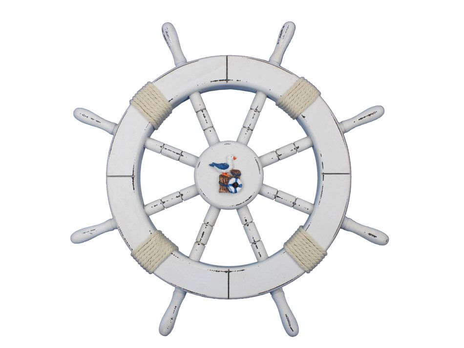 Rustic White Decorative Ship Wheel with Seagull and Lifering 18"