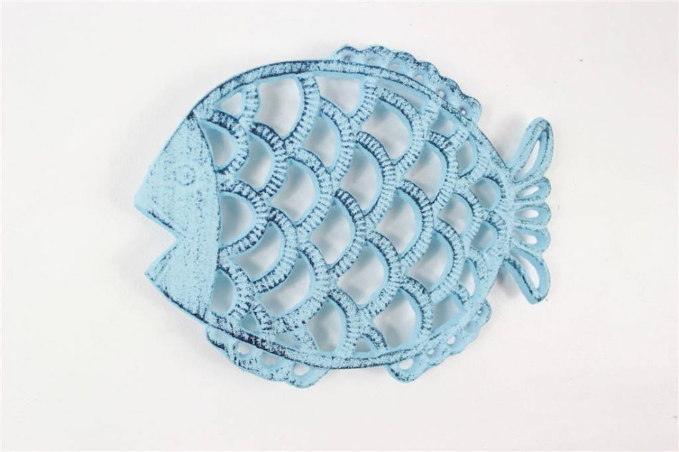 Rustic Dark Blue Whitewashed Cast Iron Big Fish Trivet 8"