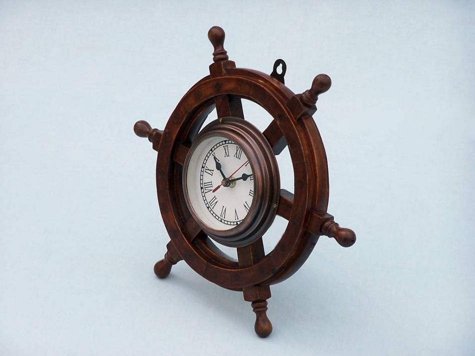 Deluxe Class Wood and Antique Copper Ship Steering Wheel Clock 12"