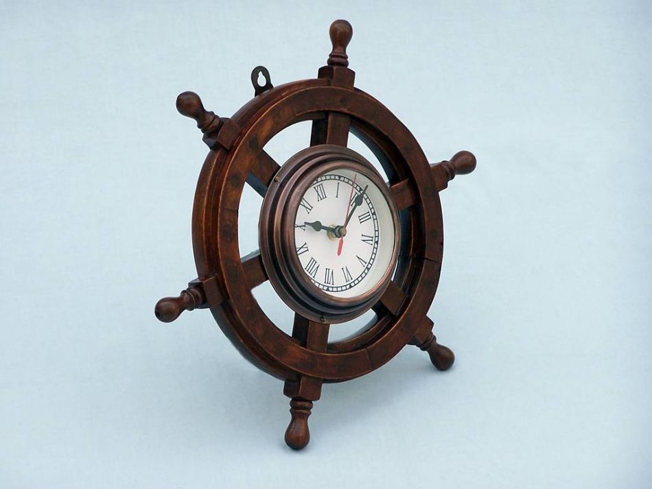 Deluxe Class Wood and Antique Copper Ship Steering Wheel Clock 12"