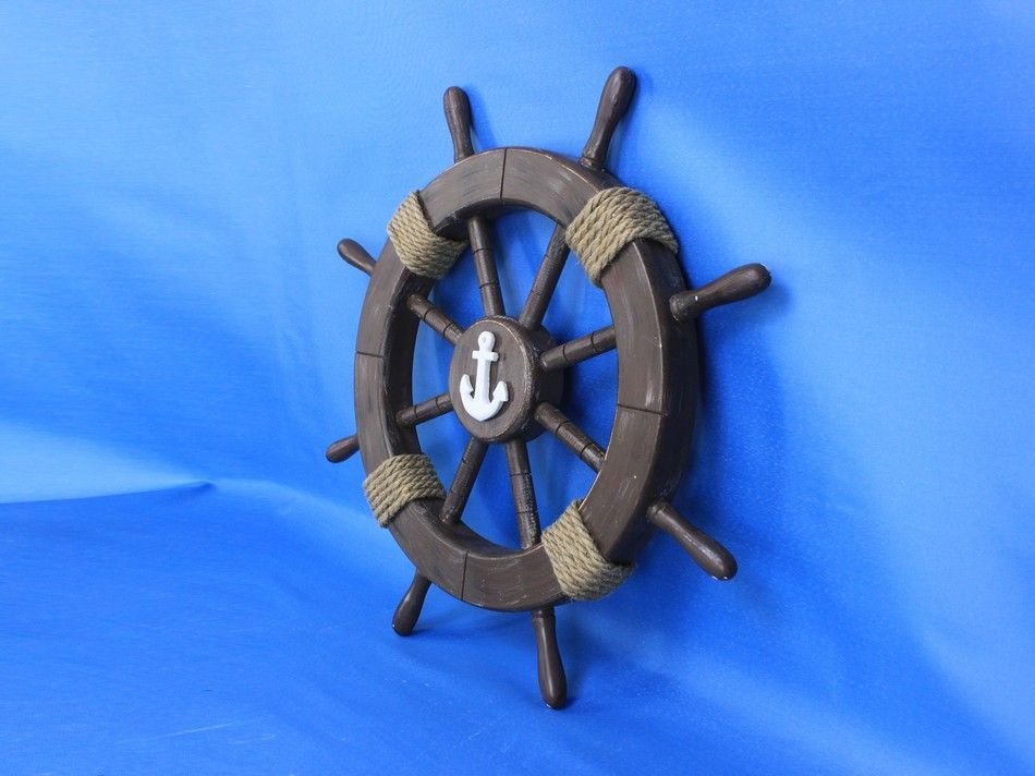 Rustic Wood Finish Decorative Ship Wheel with Anchor 18"