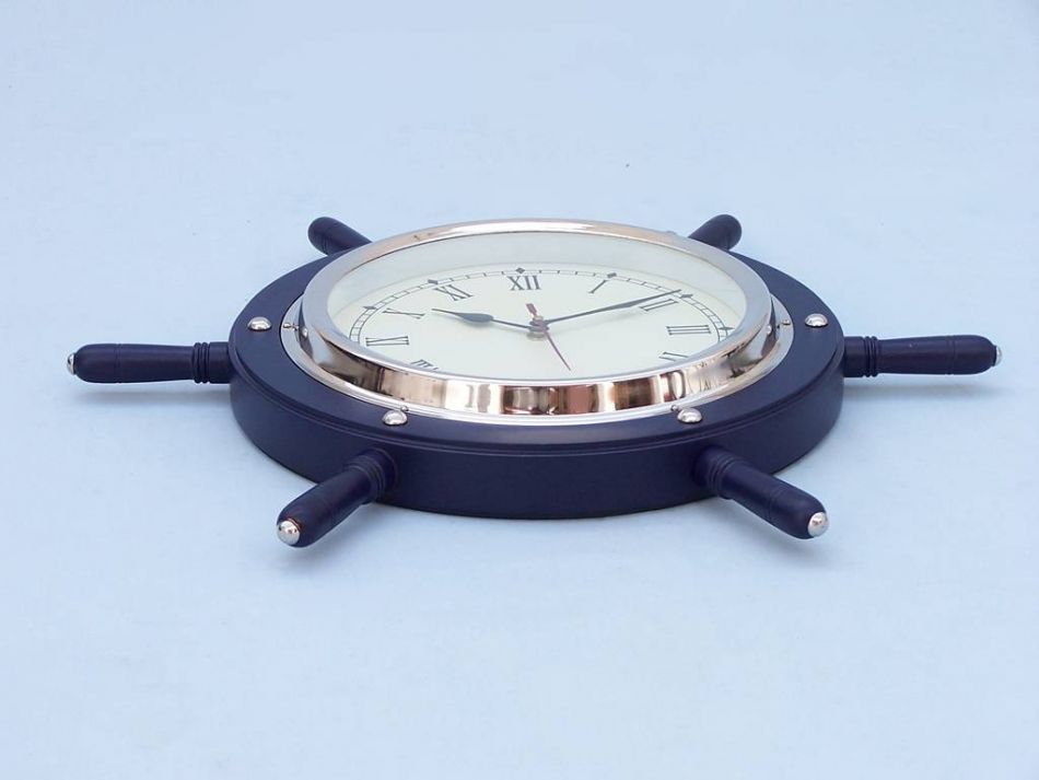 Dark Blue Wood And Chrome Ship Wheel Clock 15"