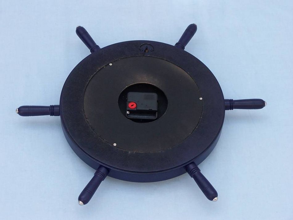 Dark Blue Wood And Chrome Ship Wheel Clock 15"