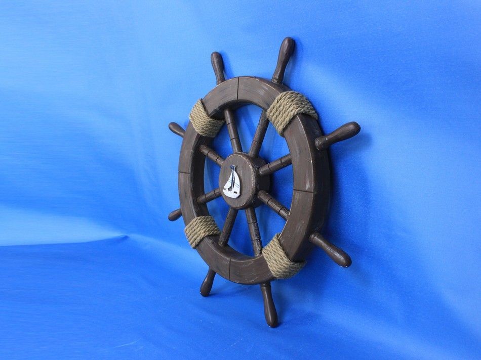 Rustic Wood Finish Decorative Ship Wheel with Sailboat 18"